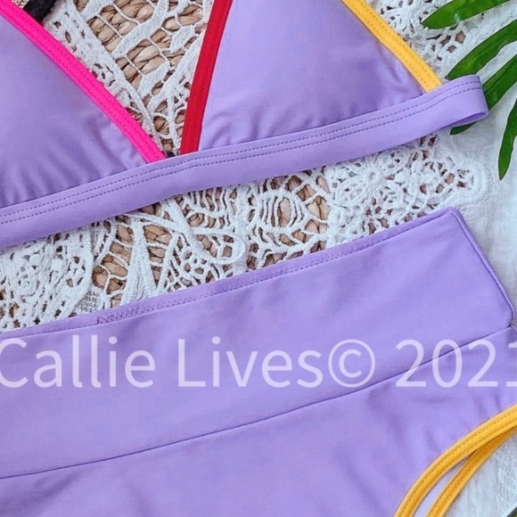 New! Clearance 🔥 Lavender Contrast High Waist Thong Bikini - Picture 5 of 6